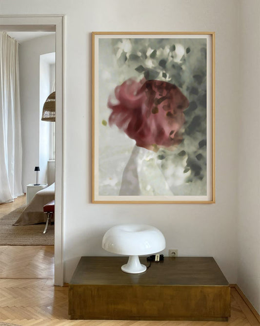 Interiør inspirasjon med portretter og abstrakt kunst