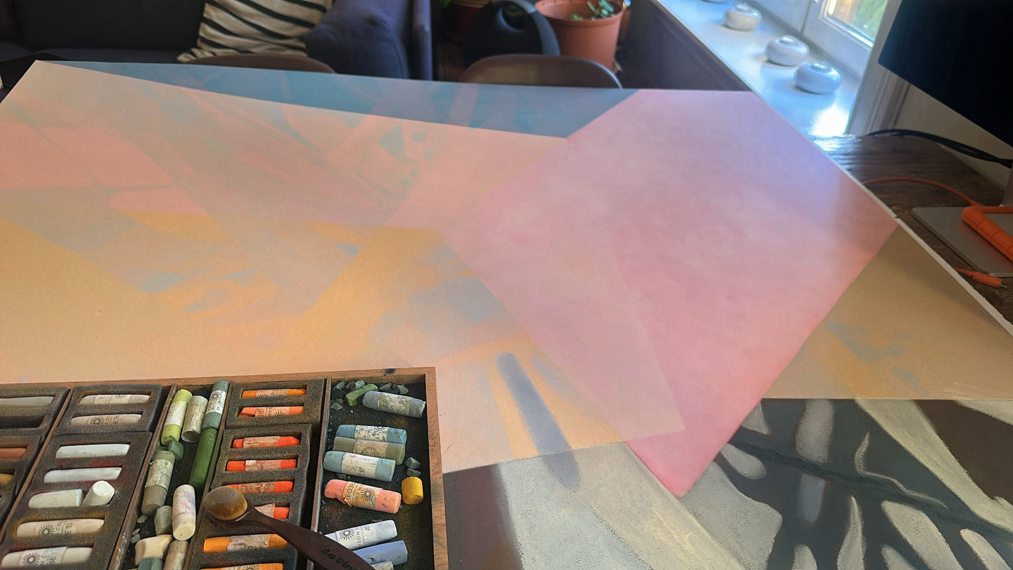 Abstrakt bilde med pastell i lag, 100 x 120 cm, Hahnemühle papir 260 g